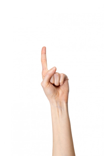 Photo woman hand showing one finger on white background