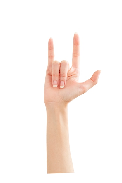 Woman hand showing peace love on white