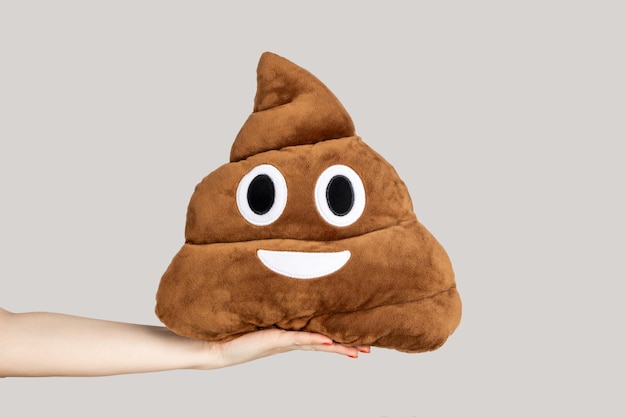 Foto mano di donna che mostra la cacca emoji cuscino spazzatura morbida giocattolo marrone icona di internet emoji di moda