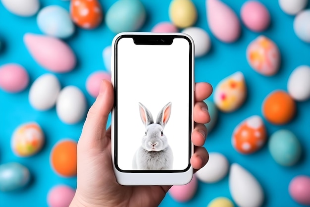 Foto donna a mano scattare una foto con il telefono cellulare sullo sfondo di pasqua ai generativa