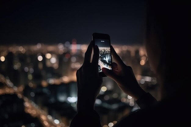 ボケの夜の街AIの写真を撮る女性の手