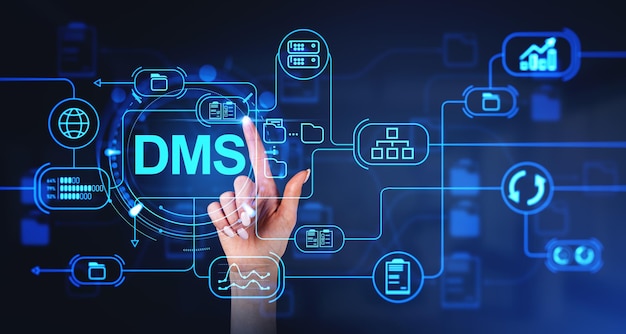 Photo woman hand using document management system interface