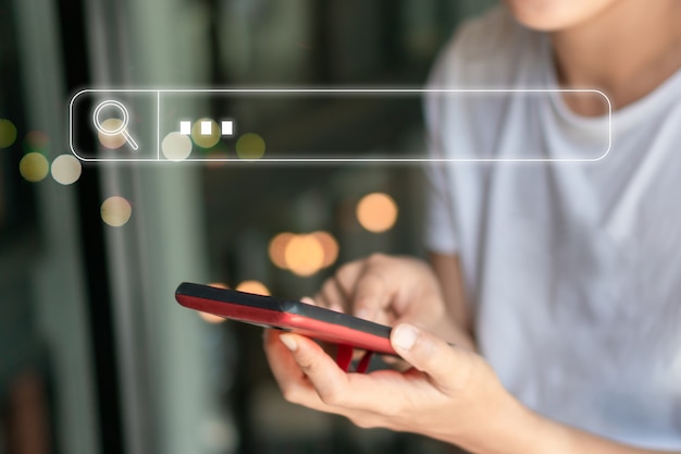 Photo woman hand using smartphone for searching