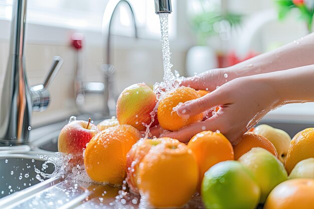 Photo woman hand washing fruits with water tap in kitchen