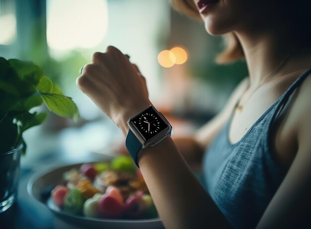 Photo woman hand wearing modern smartwatch generative ai