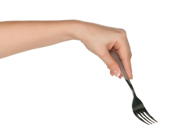 Woman hand with fork isolated on white background