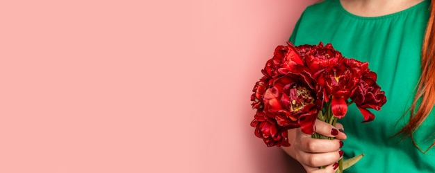ピンクの背景にチューリップの花を保持しているマニキュアの女性手。