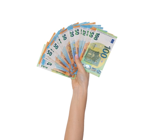 Woman hand with many euro cash money banknotes isolated on white background