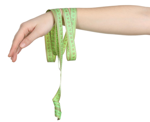 Woman hand with measuring tape isolated on white