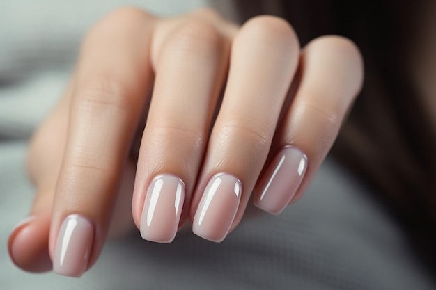 Woman hand with nude shades nail polish on her fingernails Nude color nail manicure with gel polish