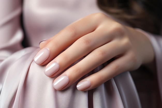 Woman hand with nude shades nail polish on her fingernails Nude color nail manicure with gel polish
