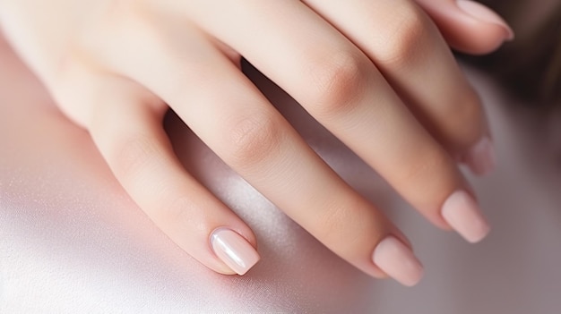 Woman hand with nude shades nail polish on her fingernails Nude color nail manicure with gel polish