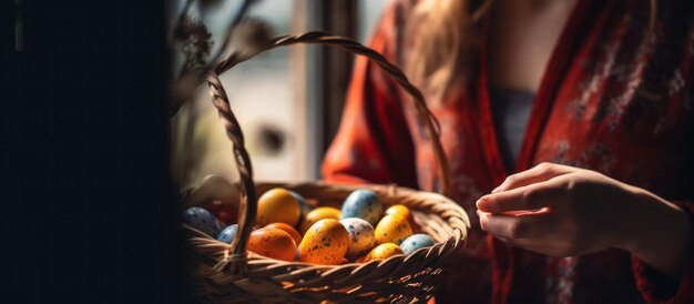 woman hand with painted eggs in Easter basket colored eggs