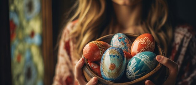 woman hand with painted eggs in Easter basket colored eggs