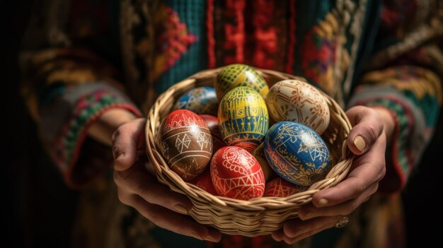 Фото Женщина с окрашенными яйцами в пасхальной корзине цветные яйца