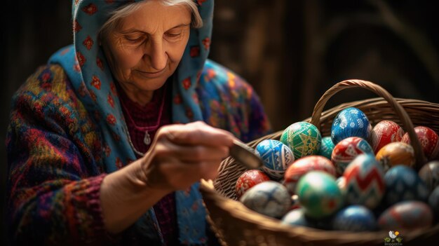 Фото Женщина с окрашенными яйцами в пасхальной корзине цветные яйца