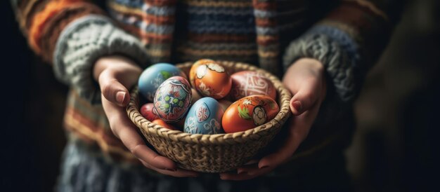 Фото Женщина с окрашенными яйцами в пасхальной корзине цветные яйца