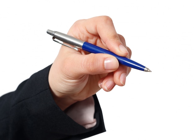 Woman hand with pen isolated on white