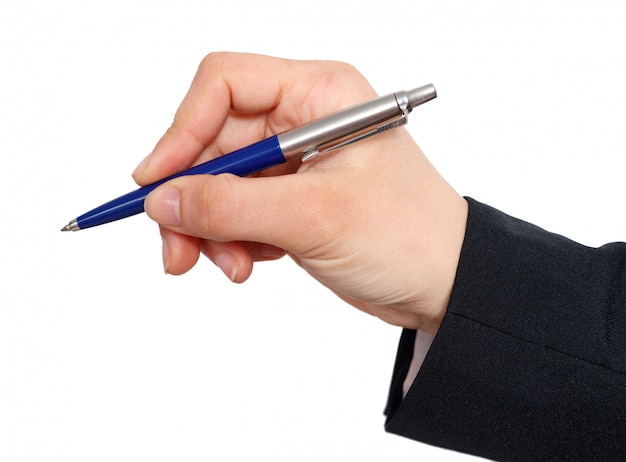 Woman hand with pen isolated on white