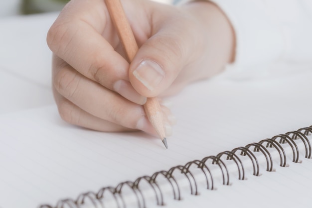 Mano della donna con la scrittura della matita sul taccuino bianco.