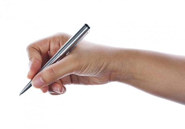 Woman hand writing with a pen isolated on white. 