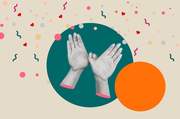 woman hands doing bird gesture on a green circle with an orange circle on a colored background