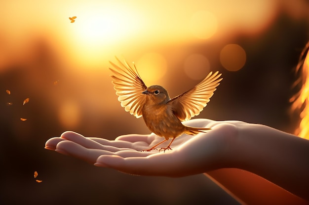 Woman hands free bird enjoying nature on sunset background