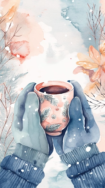 Woman hands in gloves holding a cozy mug with hot winter drink Seasonal card Ai generative