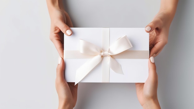 Woman hands handling paper white empty card with simple yet elegant ribbon tied in a bow on top flat background with copy space Generative AI