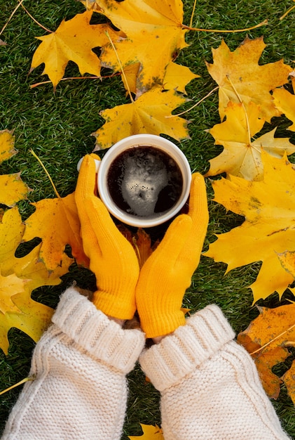 Woman hands hold a cup of coffee next to yellow maple leaves on a green grass