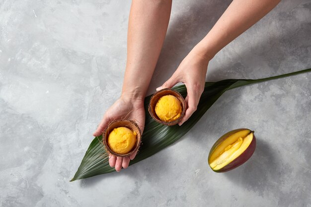 Le mani della donna tengono il sorbetto di mango giallo congelato nel guscio di noce di cocco con metà mango fresco su foglie di palma su sfondo grigio pietra. lay piatto