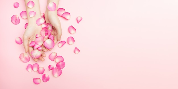 女性の手はピンクの背景にバラの花を保持します。細い手首と自然なマニキュア。敏感なスキンケアのための化粧品。自然な花びらの化粧品、抗しわハンドケア。
