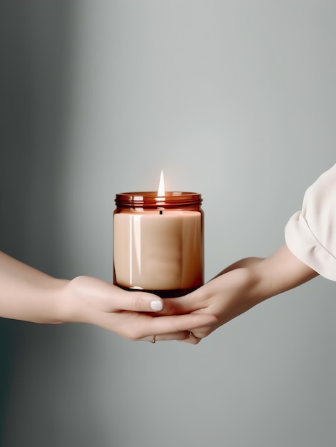 Женские руки держат дизайн горящей свечи и брендируют готовый макет банки со свечой без лица