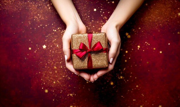 Woman hands holding a Christmas gift box decorated with a red ribbon and golden glitter on red background in flat lay view Christmas and New Year flyer