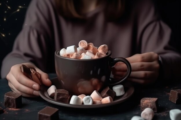 woman hands holding cup of chocolate with marshmallow Generative AI