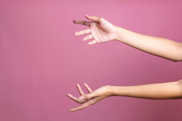 Photo woman hands holding or giving something big like bag or gift box over pink background