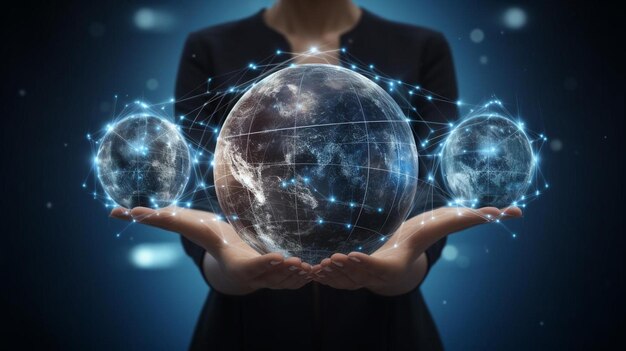 Woman hands holding global network connections and technology innovative in science and vr