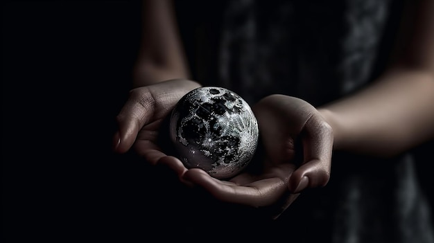 Woman hands holding a glowing earth globe in front of black backgroundgenerative ai