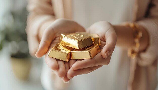 Woman hands holding gold bars on white office blurred background