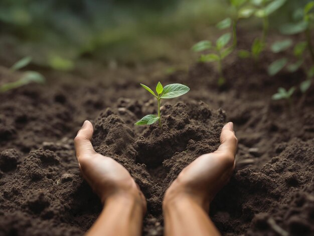 Woman hands holding green seedling sprout over soil New life eco earth dayGenerative AI