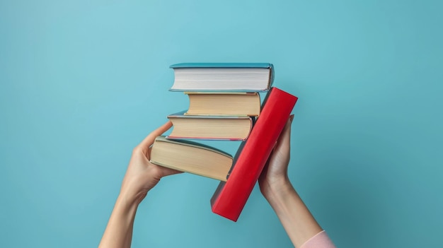 Woman hands holding pile of books over light blue background Education library science knowledge