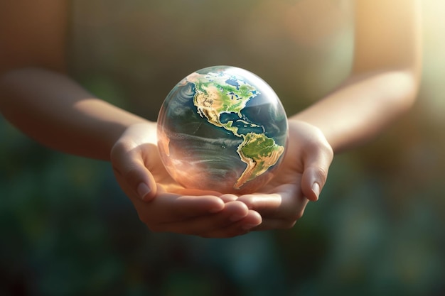 Woman hands holding transparent earth globe over blurred background Generative AI