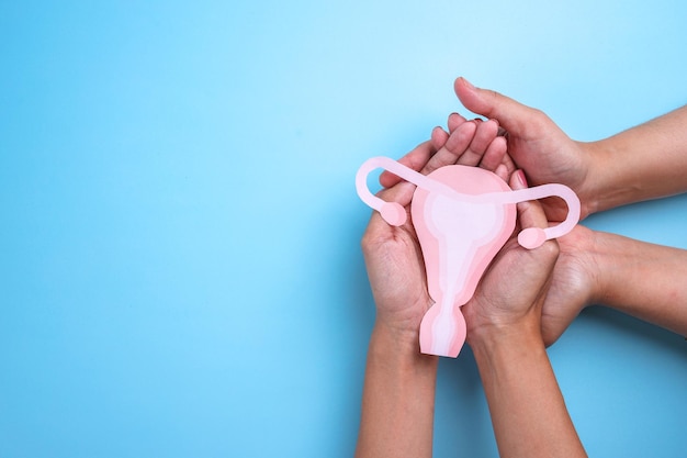 Woman hands holding uterus shape made from paper on blue background