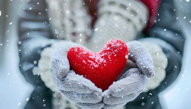 Фото Женщина в перчатках с красным сердцем в руках размытый зимний фон с снежинками