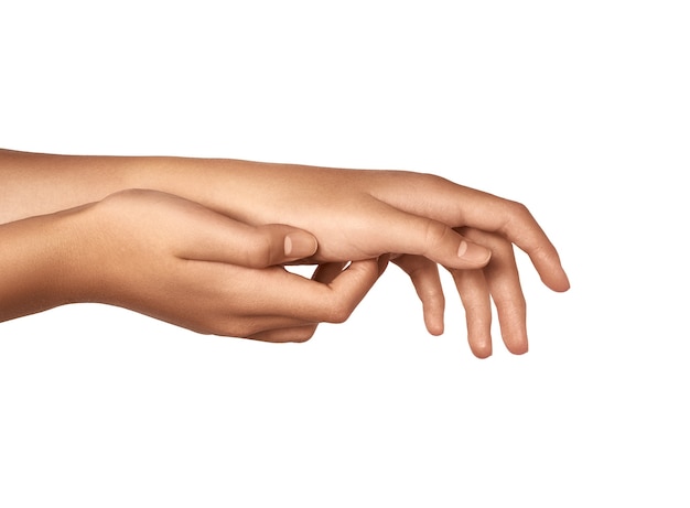 Woman hands isolate, applying cream, massaging. Beauty and skincare concept