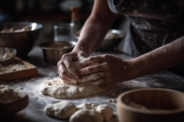 Woman hands kneading dough making bread generative ai