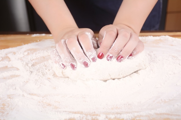 Woman hands kneading dough.