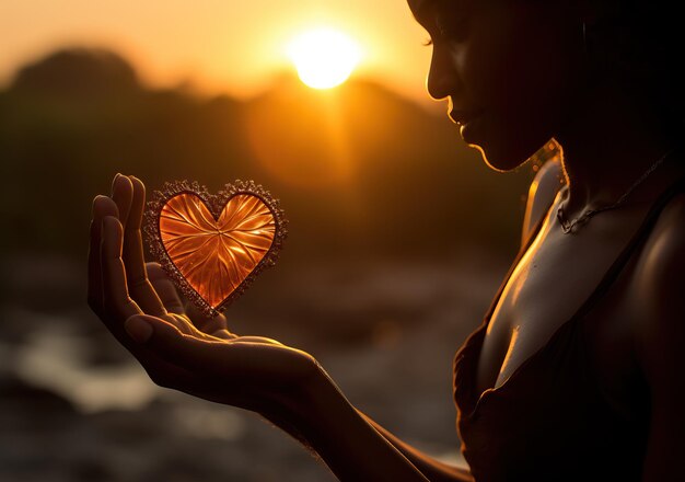 女性の手はロマンチックな川風景のスタイルで太陽の下で心の形をしたハートを作ります