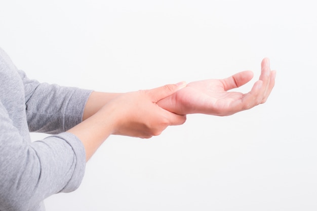 woman hands pain on white background,office syndrome concept