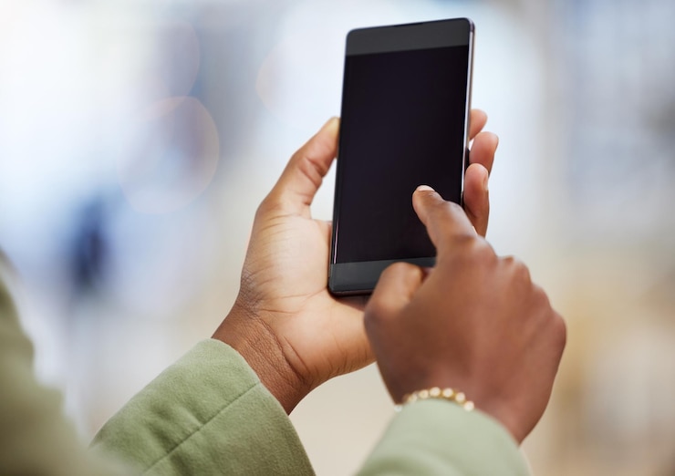 Photo woman hands and phone mockup typing in social media for communication web or networking hand of female person on mobile smartphone app for online chatting or texting on mock up screen or display